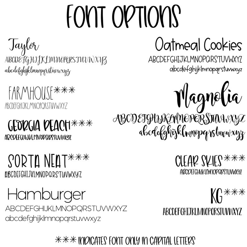 May include: A graphic showing 10 different font styles with the alphabet in both uppercase and lowercase letters. The font styles are: Taylor, Farmhouse, Georgia Peach, Sorta Neat, Hamburger, Oatmeal Cookies, Magnolia, Clear Skies, and KG. The text "*** indicates font only in capital letters" is at the bottom of the graphic.