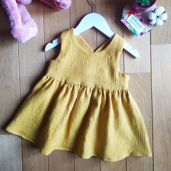 Robe bébé fille 1/2 ans, double gaze 100% coton, broderie anglaise, France