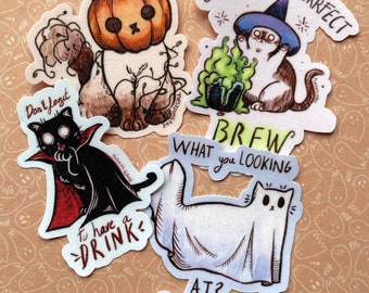 Paquete de pegatinas de Halloween Otoño I Lindo gatito Gato Bruja Vampiro Fantasma Calabaza