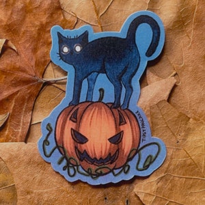 Adesivo carino a forma di zucca di Halloween con gatto nero spettrale, per laptop, Kindle, diario e molto altro!