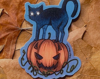 Spooky Black Cat Pumpkin Halloween Sticker - Waterproof Laminated Vinyl for Journal Laptop Apparel