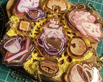 Coffee themed Cat Croissant Toast keychain and more! Glitter pack landyards