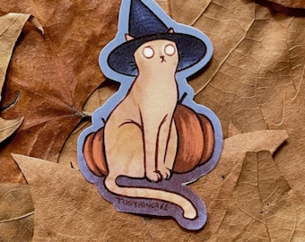 Witchy Cat on Pumpkin Sticker, Spooky Halloween, Laptop Decal