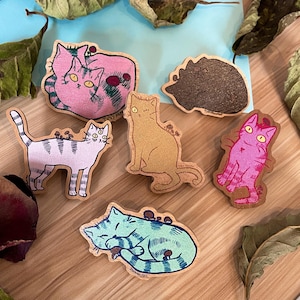 Kitty Cat Michi Wooden Pin Cottagecore Cat Mushroom Goblincore button