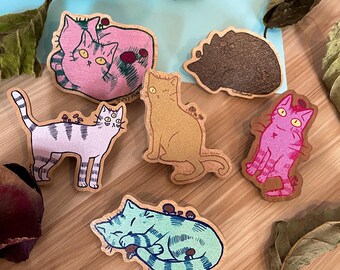 Kitty Cat Michi Wooden Pin Cottagecore Cat Mushroom Goblincore button