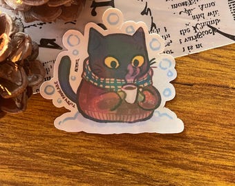 Winter Cat Hot Choco Sticker: Waterproof Holographic Laptop Decal for Journal and Gift