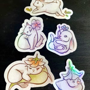 Niedliche Blumen Tiere Holo Aufkleber Ente Katze und Häschen Frühlings Themed / holographisch wasserdicht wetterfest für Flaschen, Laptop, Notizblöcke