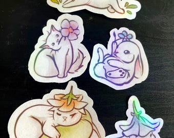 Holographic Flower Animal Sticker: Waterproof Duck, Cat, Bunny - Spring Theme