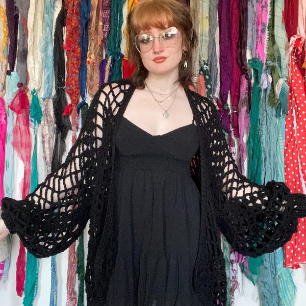 Whimsical Wings Cardigan (Black) - Crochet Handmade Acrylic Yarn Cardigan - Crochet Mesh Sweater