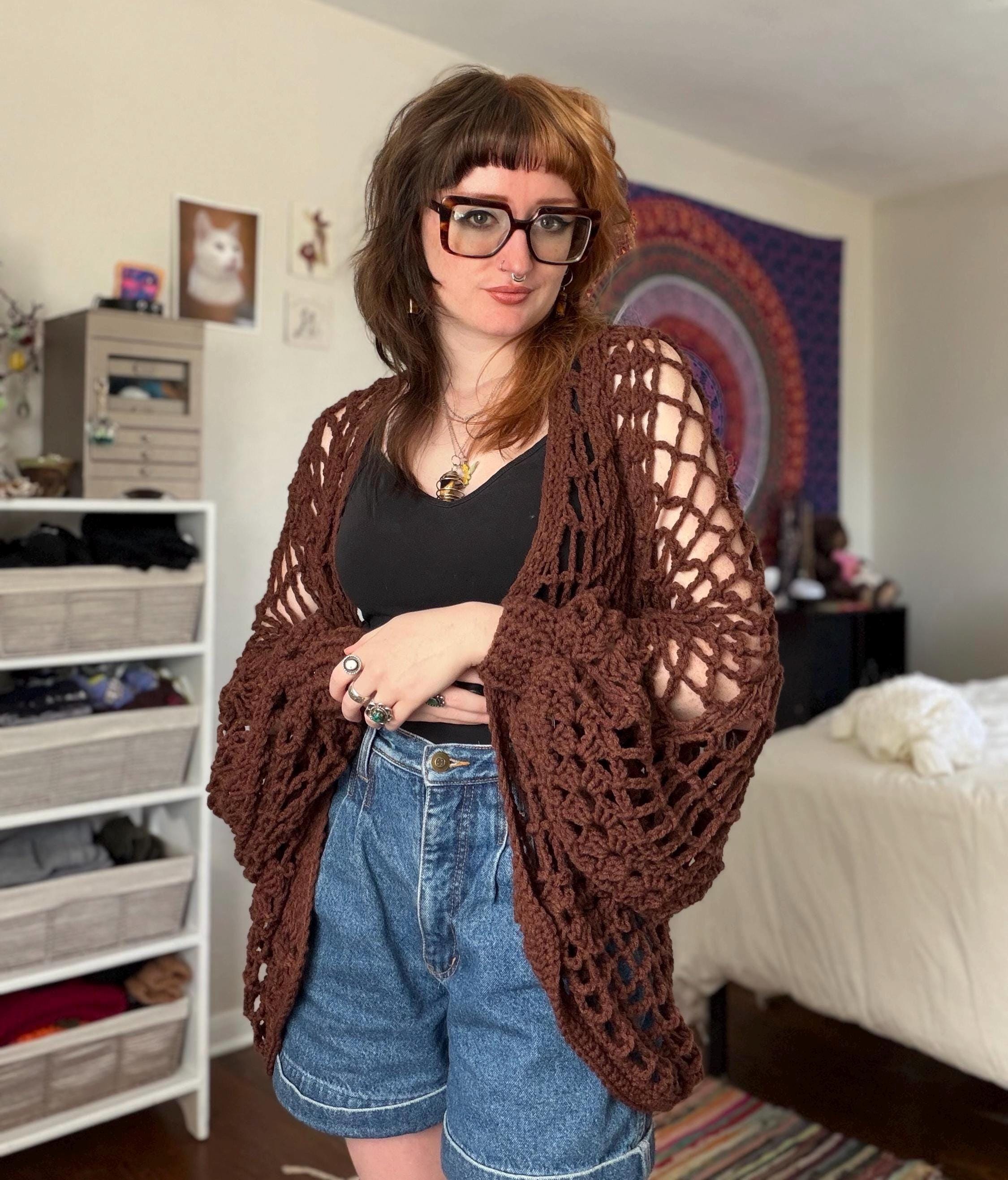 Whimsical Wings Cardigan (brown) - Crochet Handmade Acrylic Yarn