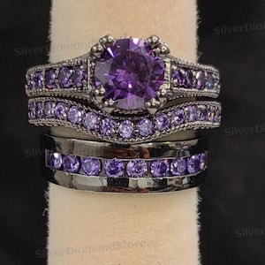 Amethyst Engagement Ring Set, 14K Black Gold Finish Sterling Silver Trio