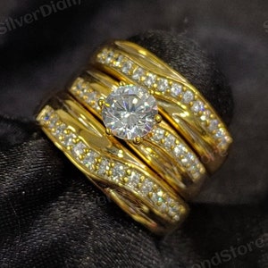 Trending Women&#39;s Men&#39;s Trio Ring Set 14K Yellow Gold Finish Round Diamond Ring Set, Trio Set For Bride & Groom, Anniversary/ Birthday Gift