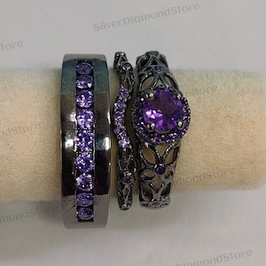 1.49CT Round Cut Amethyst Real 14K Black Gold Finish Anniversary Wedding Trio Ring Set, His & Her Trio Ring Set, Couple Engagement Ring