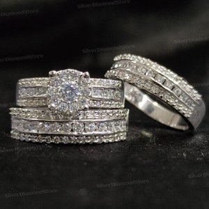 2CT Round Cut Diamond Anniversary Trio Ring Set His and Her Trio Ring Set 14K White Gold Finish 925 Silver Couple Wedding Ring Etsy