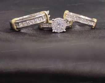 Wedding Trio Ring Set For Women's and Men's 14K White Gold Finish Silver Round Cut Diamond Ring Set