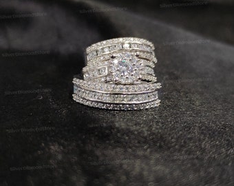 Men's and Women's Trio Ring Set, Round Diamond Couple Ring Set, 14K White Gold Finish Ring Set