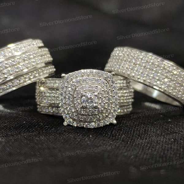 His & Her Round Cut Diamond Trio Ring Set, 14K White Gold Finish Silver Wedding Trio Ring Set