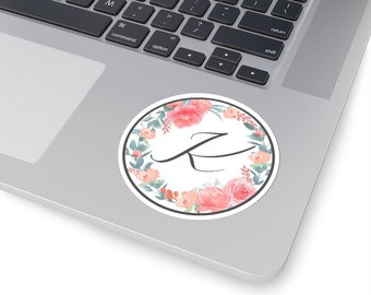 Pegatina de flores circulares con letra "K"; Pegatina para portátil, Pegatina floral, Pegatina de carta personalizada, Pegatina de monograma, Flores de acuarela