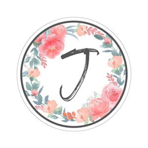 Pegatina de flor circular con letra "J"; Pegatina para portátil, Pegatina floral, Pegatina de carta personalizada, Pegatina de monograma, Flores de acuarela