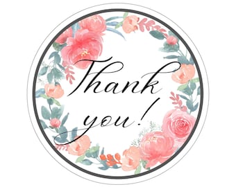 Könnte beinhalten: Runder Aufkleber mit einem floralen Kranzdesign in Rosa- und Grüntönen. Der Text "Danke!" ist in schwarzer Kursivschrift in der Mitte des Aufklebers geschrieben.
