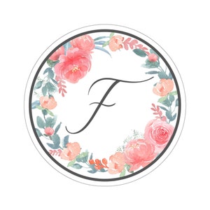 Cirkel bloem sticker met letter "F"; Laptop Sticker, Bloemen Sticker, Gepersonaliseerde Brief Sticker, Monogram Sticker, Aquarel Bloemen