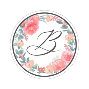 Circle Flower Sticker with Letter &quot;B&quot;; Laptop Sticker, Floral Sticker, Personalized Letter Sticker, Monogram Sticker, Watercolor Flowers