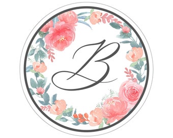 Pegatina de flor circular con letra "B"; Pegatina para portátil, Pegatina floral, Pegatina de carta personalizada, Pegatina de monograma, Flores de acuarela