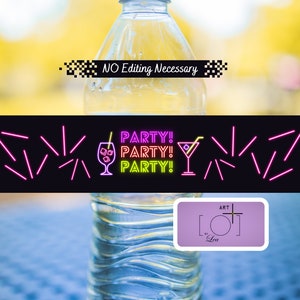 Neon Party Water Bottle Labels, Digital Download, Printable Labels, Unique Party Supplies, Party Favors, Retro 80s, I love the 80&#39;s