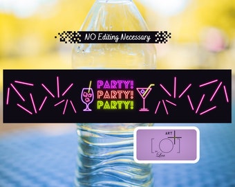 Neon Party Water Bottle Labels, Digital Download, Printable Labels, Unique Party Supplies, Party Favors, Retro 80s, I love the 80's