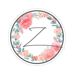 Pegatina de flor circular con letra "Z"; Pegatina para portátil, Pegatina floral, Pegatina de carta personalizada, Pegatina de monograma, Flores de acuarela