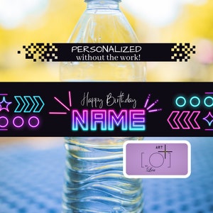 Personalized Neon Birthday Water Bottle Labels, Printable Labels, Digital Download, Personalized Party Decor, Unique Party Supplies