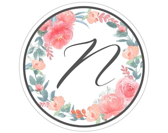 Pegatina de flores circulares con letra "N"; Pegatina para portátil, Pegatina floral, Pegatina de carta personalizada, Pegatina de monograma, Flores de acuarela