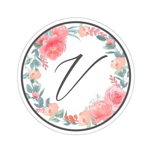 Cirkel bloem sticker met letter "V"; Laptop Sticker, Bloemen Sticker, Gepersonaliseerde Brief Sticker, Monogram Sticker, Aquarel Bloemen