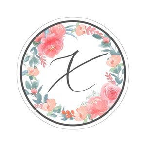 Cirkel bloem sticker met letter "X"; Laptop Sticker, Bloemen Sticker, Gepersonaliseerde Brief Sticker, Monogram Sticker, Aquarel Bloemen