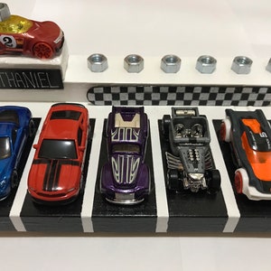 Hanukkah Menorah for Kids with Hot Wheels Cars for Tall Candles; PARKING LOT & Racing Flag, Customizable Name, Personalized Judaica Gift