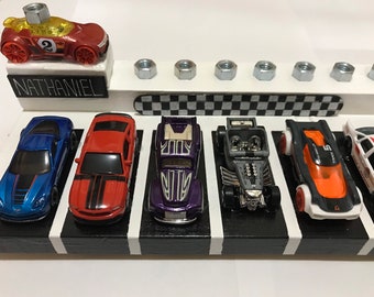 Hanukkah Menorah for Kids with Hot Wheels Cars for Tall Candles; PARKING LOT & Racing Flag, Customizable Name, Personalized Judaica Gift