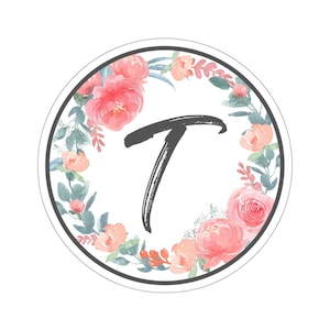 Cirkel bloem sticker met letter "T"; Laptop Sticker, Bloemen Sticker, Gepersonaliseerde Brief Sticker, Monogram Sticker, Aquarel Bloemen