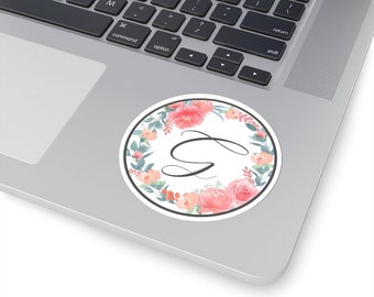 Pegatina de flores circulares con letra "F"; Pegatina para portátil, Pegatina floral, Pegatina de carta personalizada, Pegatina de monograma, Flores de acuarela