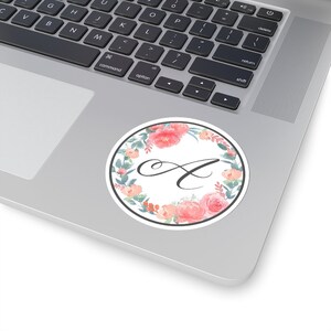Cirkel bloem sticker met letter "A"; Laptop Sticker, Bloemen Sticker, Gepersonaliseerde Brief Sticker, Monogram Sticker, Aquarel Bloemen