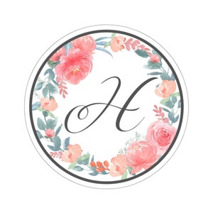 Cirkel bloem sticker met letter "H"; Laptop Sticker, Bloemen Sticker, Gepersonaliseerde Brief Sticker, Monogram Sticker, Aquarel Bloemen