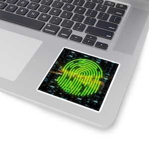 May include: A green fingerprint graphic on a black background with blue and white digital code.