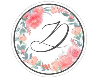 Pegatina de flor circular con letra "D"; Pegatina para portátil, Pegatina floral, Pegatina de carta personalizada, Pegatina de monograma, Flores de acuarela
