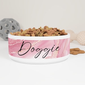 Personalized Dog Bowl with Pink & Gold Marble Design, Custom Pet Name, Ceramic 16oz Dog Food Bowl, Pet Supplies, Personalized Dog Lover Gift