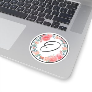 Cirkel bloem sticker met letter "O"; Laptop Sticker, Bloemen Sticker, Gepersonaliseerde Brief Sticker, Monogram Sticker, Aquarel Bloemen