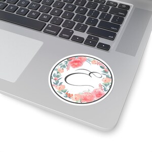 Cirkel bloem sticker met letter "E"; Laptop Sticker, Bloemen Sticker, Gepersonaliseerde Brief Sticker, Monogram Sticker, Aquarel Bloemen