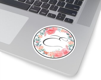 Pegatina de flores circulares con letra "E"; Pegatina para portátil, Pegatina floral, Pegatina de carta personalizada, Pegatina de monograma, Flores de acuarela