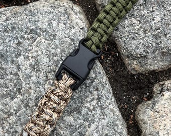 Paracord Double-Sided Keychain with 2 1" Key Rings, Buckle Center & Cobra Knot Braids; Military Keychain, Survival Keychain, Wearable Tech