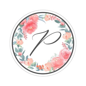 Pegatina de flores circulares con letra "P"; Pegatina para portátil, Pegatina floral, Pegatina de carta personalizada, Pegatina de monograma, Flores de acuarela