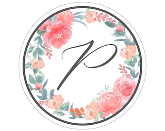 Pegatina de flores circulares con letra "P"; Pegatina para portátil, Pegatina floral, Pegatina de carta personalizada, Pegatina de monograma, Flores de acuarela