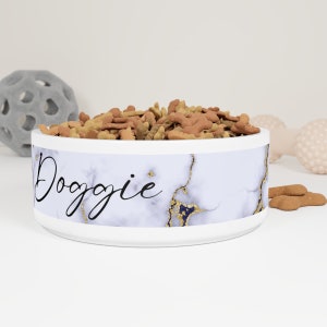 Personalized Dog Bowl with Blue & Gold Marble Design, Custom Pet Name, Ceramic 16oz Dog Bowl with Name, Personalized Dog Lover Gift